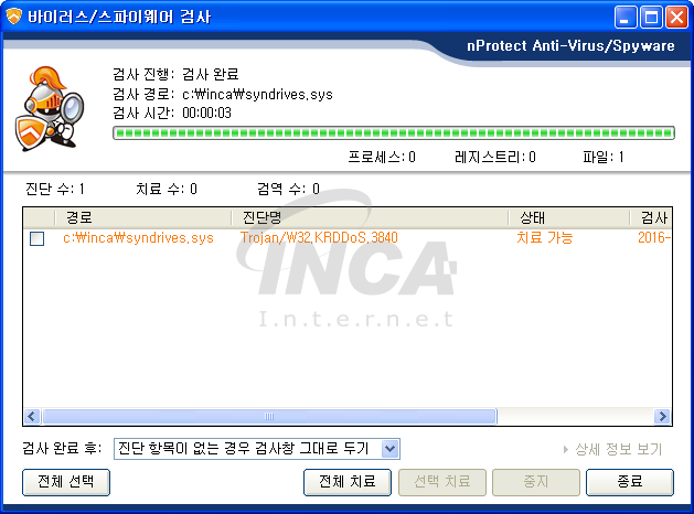 [그림 6] nProtect Anti-Virus/Spyware V3.0 진단 및 치료 화면