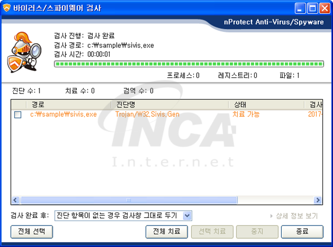 [그림 4] nProtect Anti-Virus/Spyware V3.0 진단 및 치료 화면