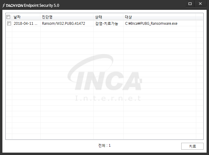 [그림 6] TACHYON Internet Security 5.0 진단 및 치료 화면
