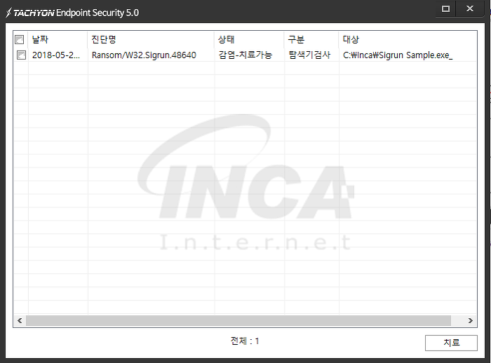 [그림 8] TACHYON Internet Security 5.0 진단 및 치료 화면