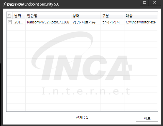 [그림 4] TACHYON Internet Security 5.0 진단 및 치료 화면