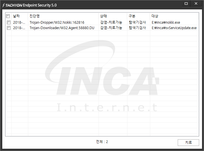 [그림] TACHYON Inernet Security V5.0 진단 및 치료 화면 