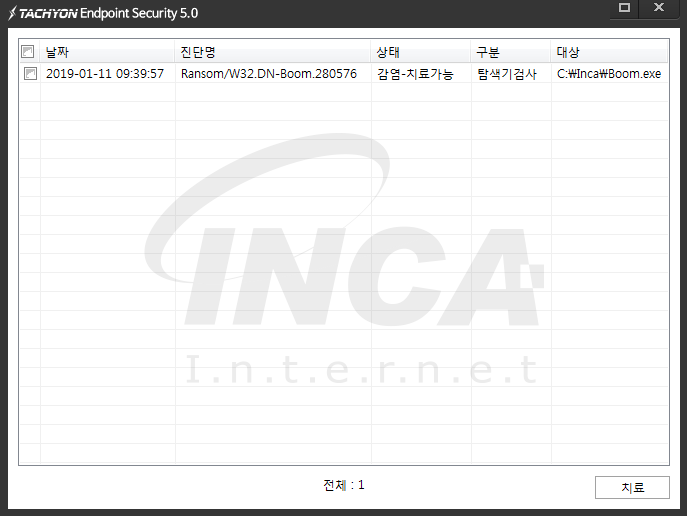 [그림 6] TACHYON Internet Security 5.0 진단 및 치료 화면