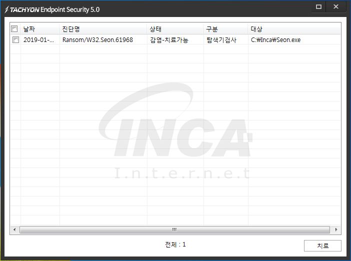 [그림 4] TACHYON Internet Security 5.0 진단 및 치료 화면