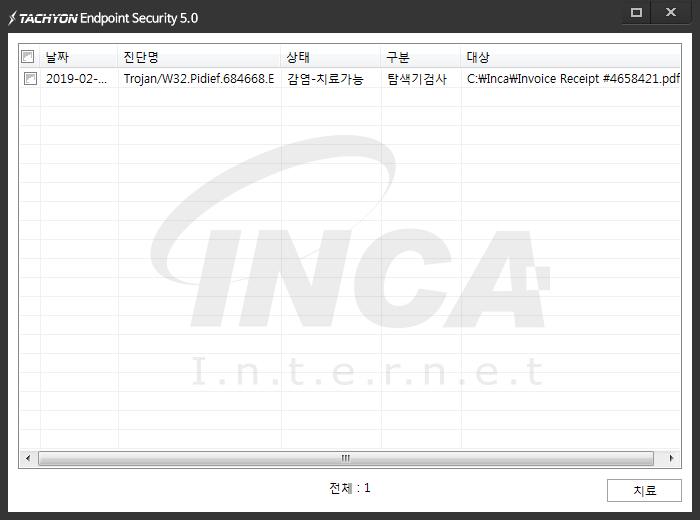 [그림 6] TACHYON Internet Security 5.0 진단 및 치료 화면