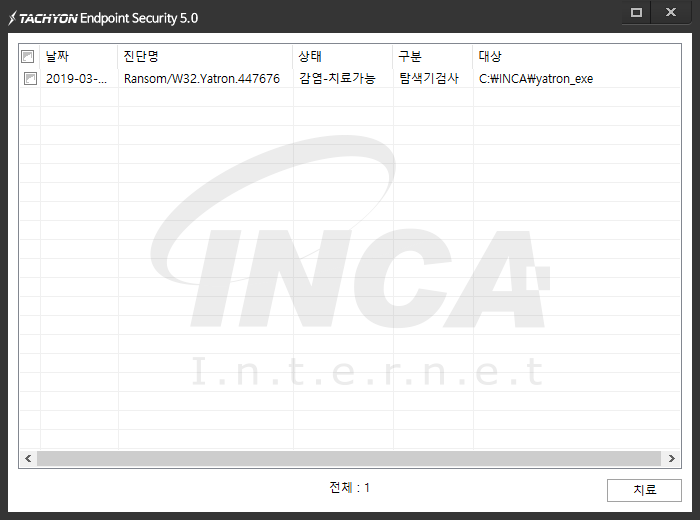 [그림 8] TACHYON Internet Security 5.0 진단 및 치료 화면