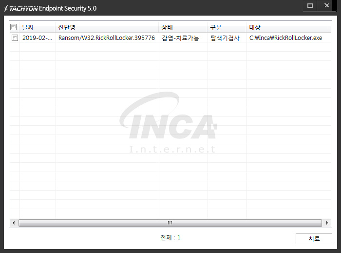 [그림 9] TACHYON Internet Security 5.0 진단 및 치료 화면